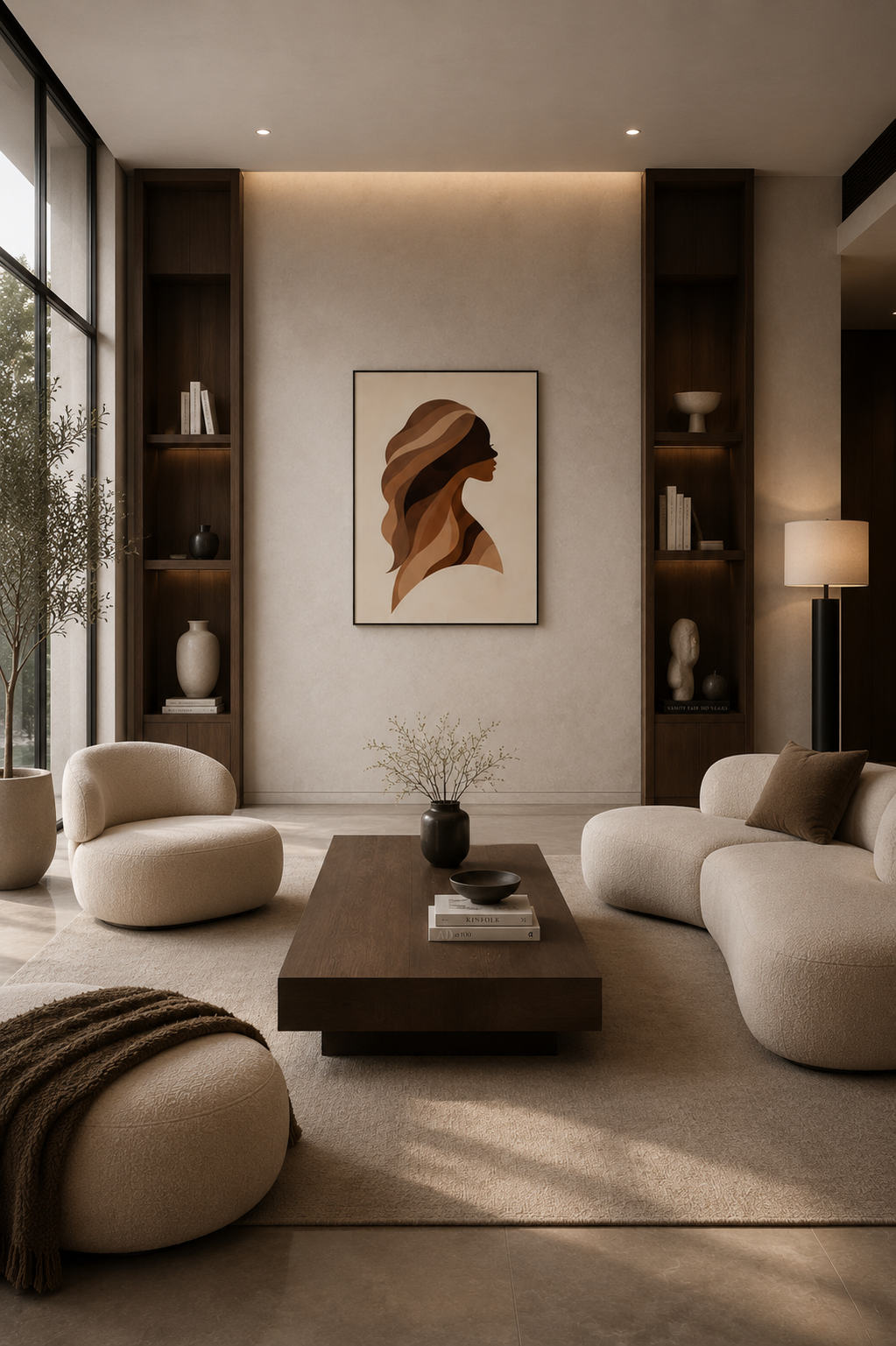 Luxury living room poster mockup with framed abstract female silhouette wall art, modern beige seating, dark wood accents and elegant styling