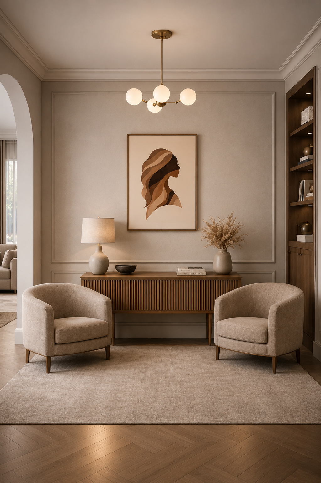 Modern minimalist lounge poster mockup with framed abstract portrait wall art, neutral armchairs, wooden console and warm contemporary interior