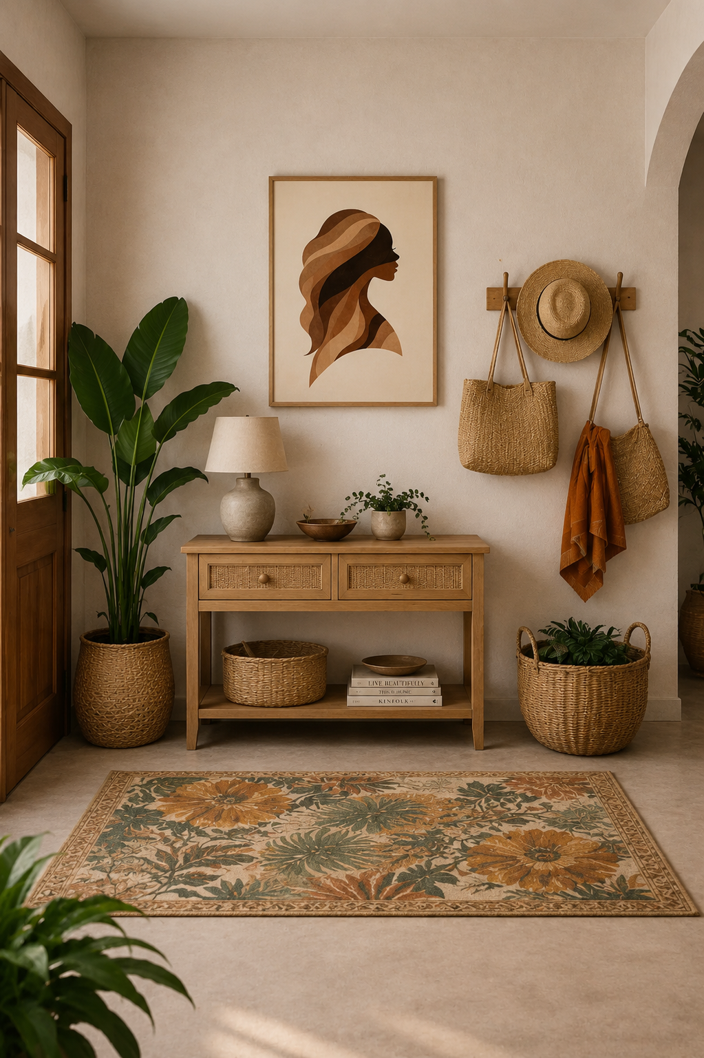 Boho entryway poster mockup with framed abstract woman wall art in cozy neutral hallway interior, woven baskets, plants and warm earthy decor
