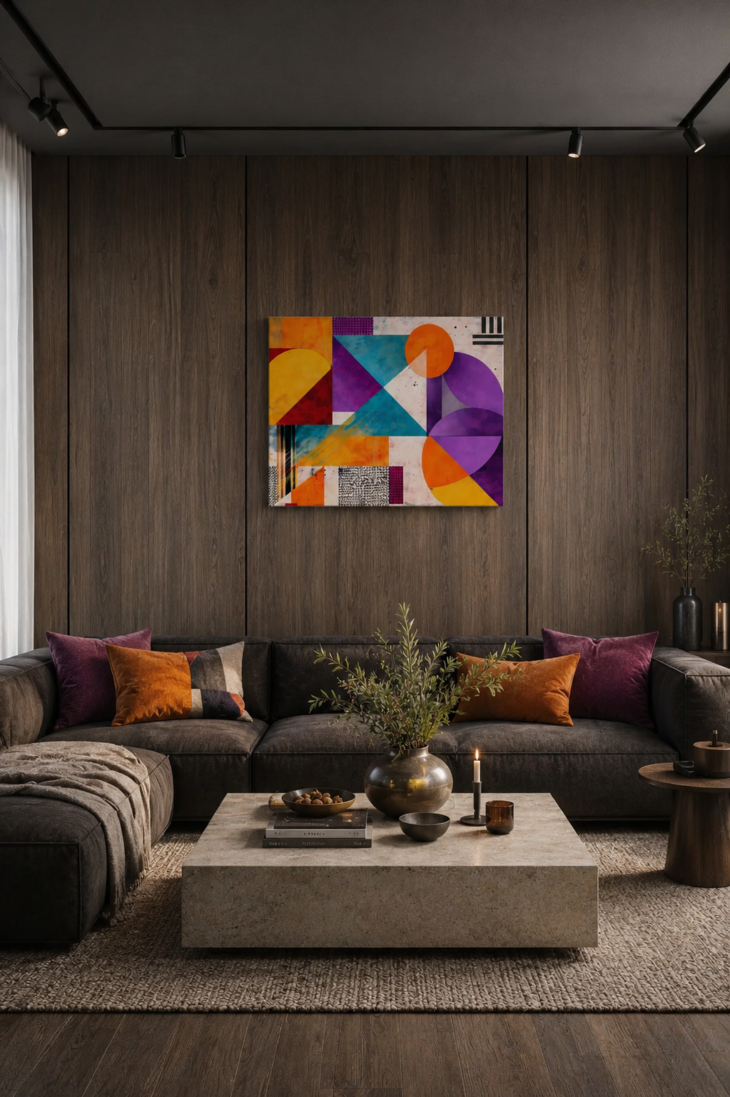 Dark contemporary living room with charcoal sectional sofa and vibrant geometric abstract canvas wall art