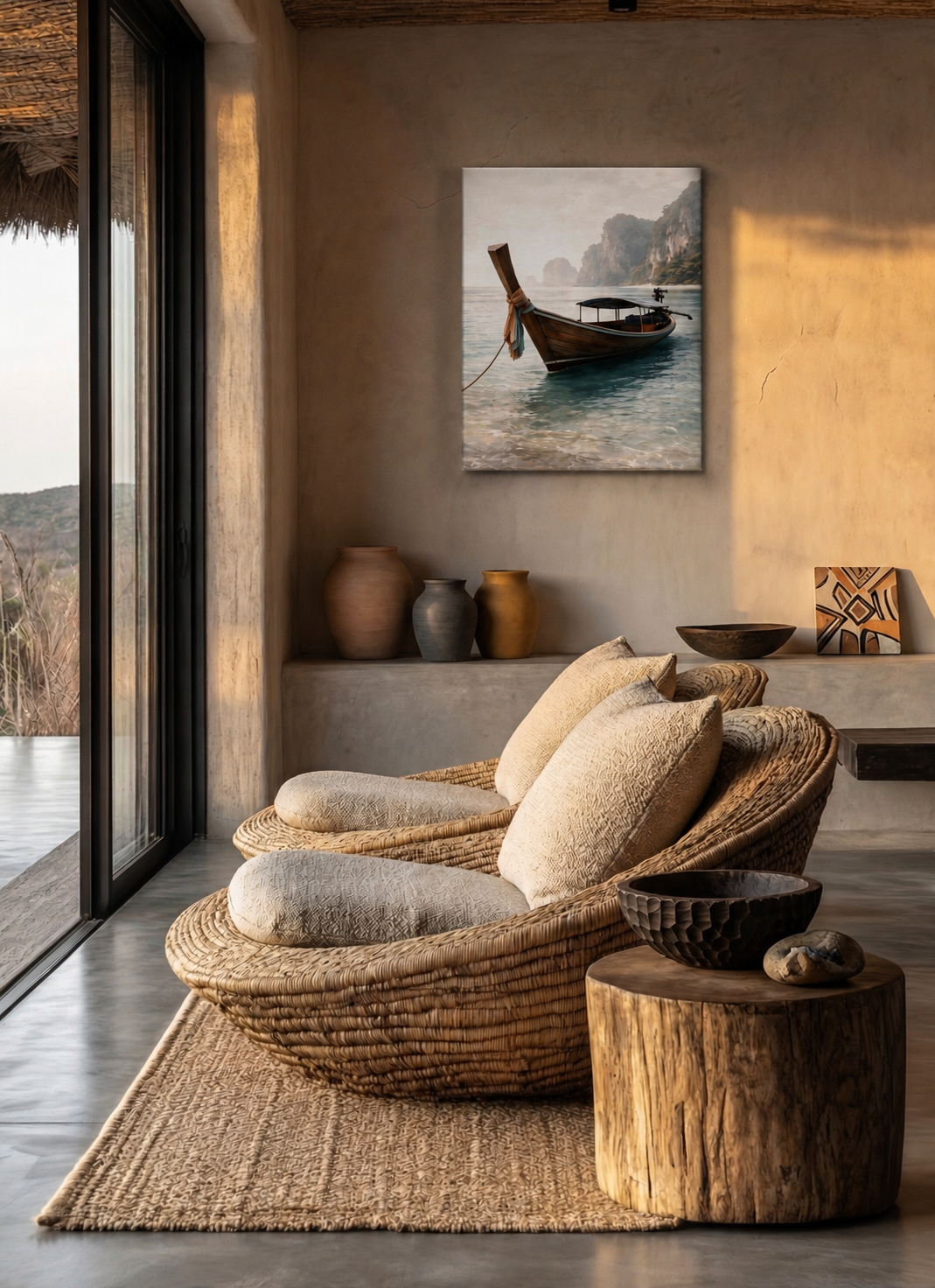 Mediterranean lounge mockup with realistic long boat canvas print, woven chairs, wooden accents and warm sunlight.