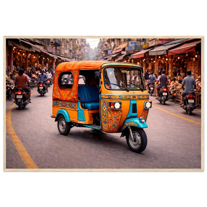 Traditional Indian tuk-tuk street view framed wall decor with rich colours and market backdrop
