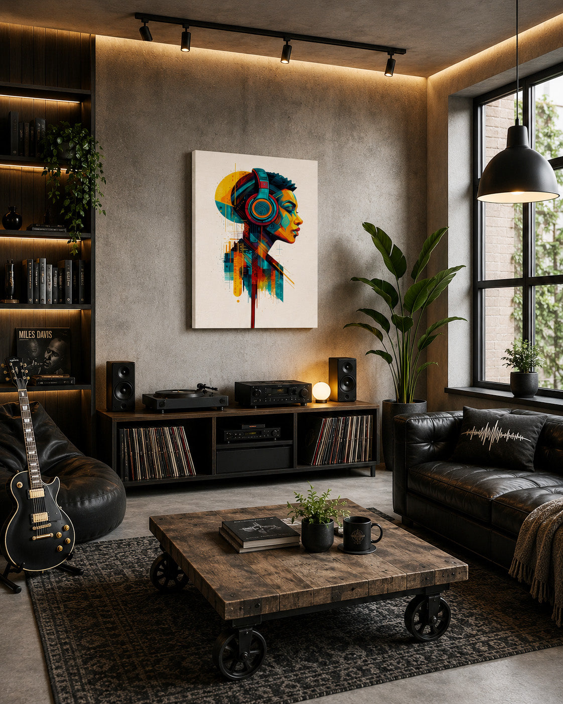 Colorful headphones canvas wall art displayed in a modern loft living room with industrial shelving, vinyl records, dark furniture and warm ambient lighting.