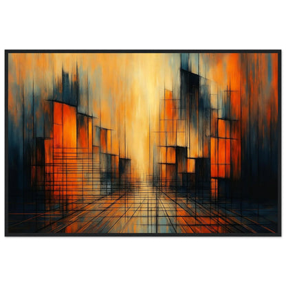 Urban Glow modern abstract framed wall art in a black frame, rust and navy tower blocks around a glowing golden center.