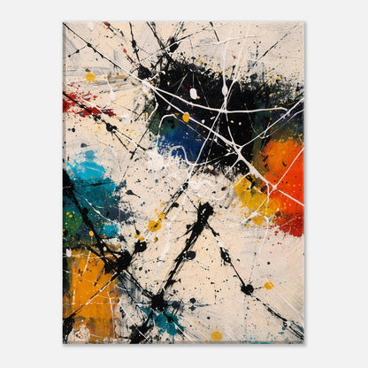 Abstract canvas print detail showing teal, orange and yellow paint splashes across a light textured surface