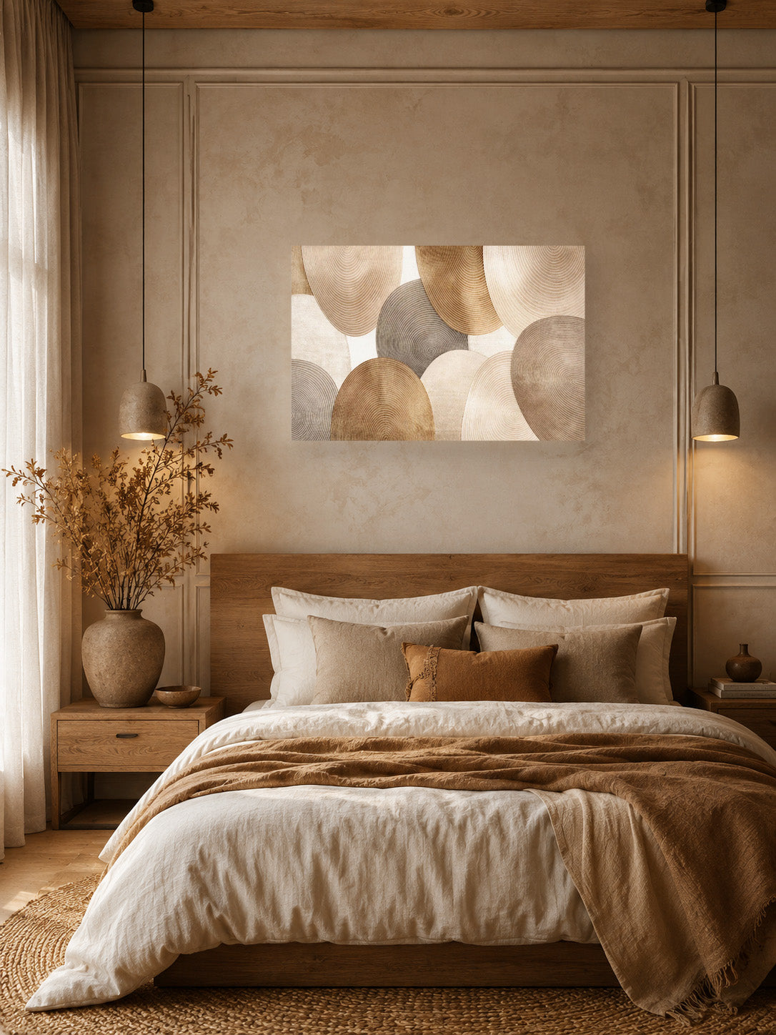 Cozy neutral bedroom interior with soft beige bedding, warm earthy decor and abstract canvas wall art featuring textured circular shapes in sand and taupe tones above the bed.