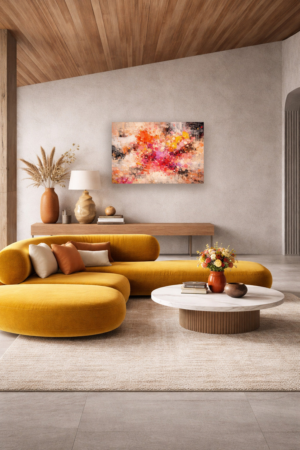 Soft abstract poster in warm pink and orange tones displayed above mustard yellow curved seating in a minimalist living room with natural wood accents.