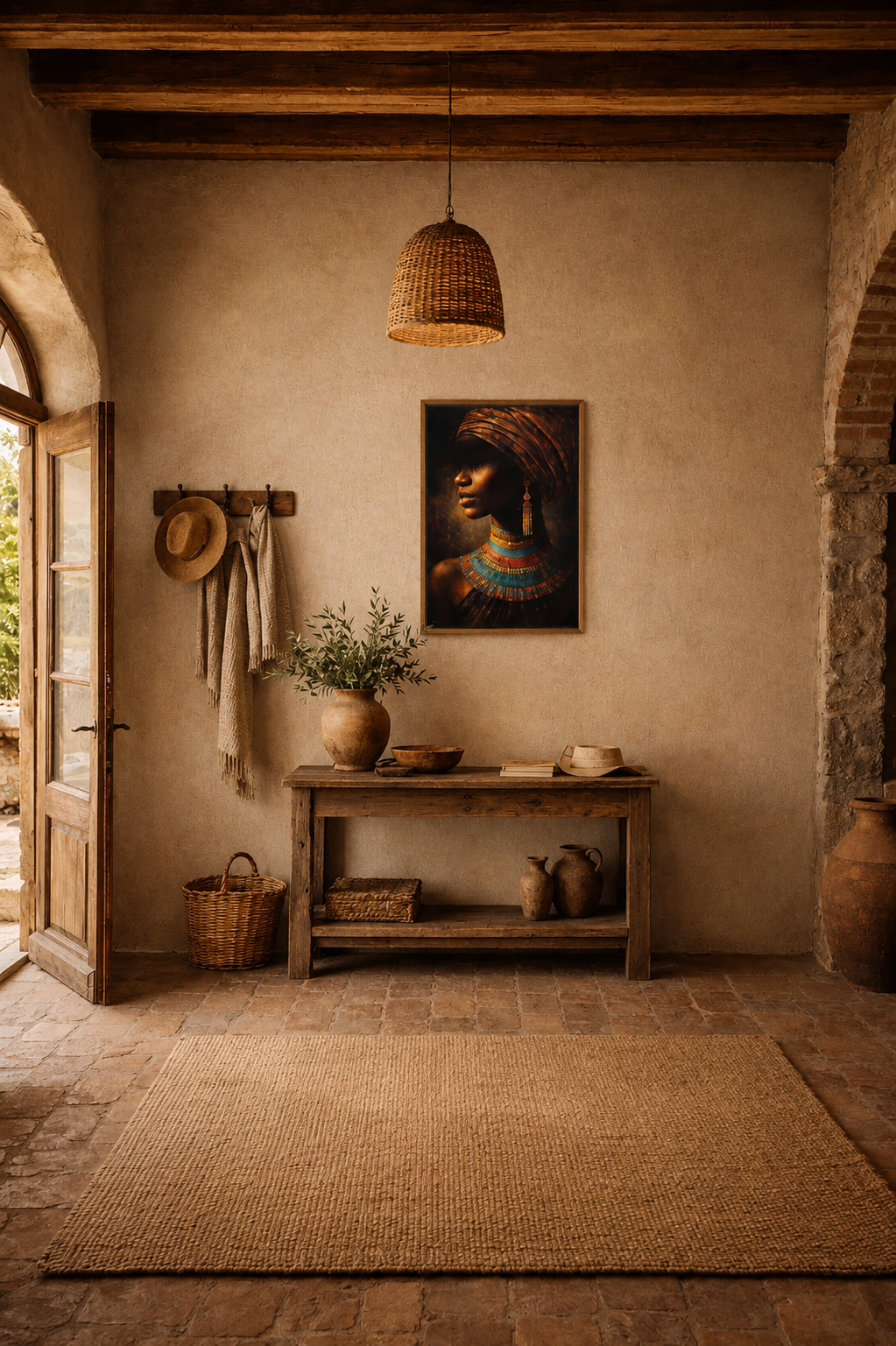 Cultural portrait poster in a dark wood frame styled in a rustic Mediterranean hallway with exposed beams, woven textures and earthy interior accents.