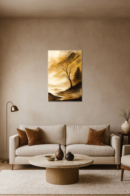 Whispering Lake poster above a beige sofa in a warm minimalist living room