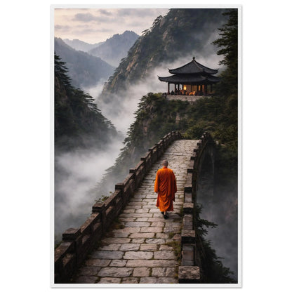 Meditative mountain framed artwork with layered misty peaks and evergreen trees