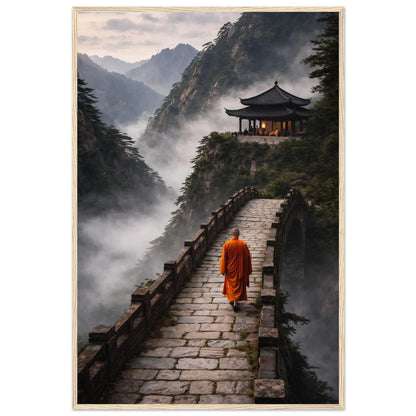 Vertical zen landscape framed print showing the monk walking the mountain path in the mist