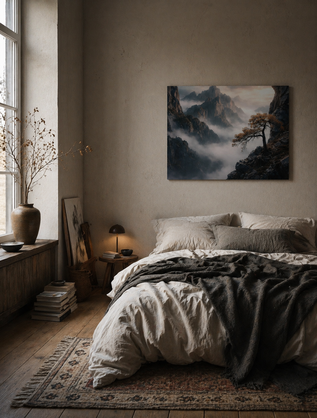 Minimalist mountain landscape canvas print above an unmade bed in a cozy modern bedroom interior