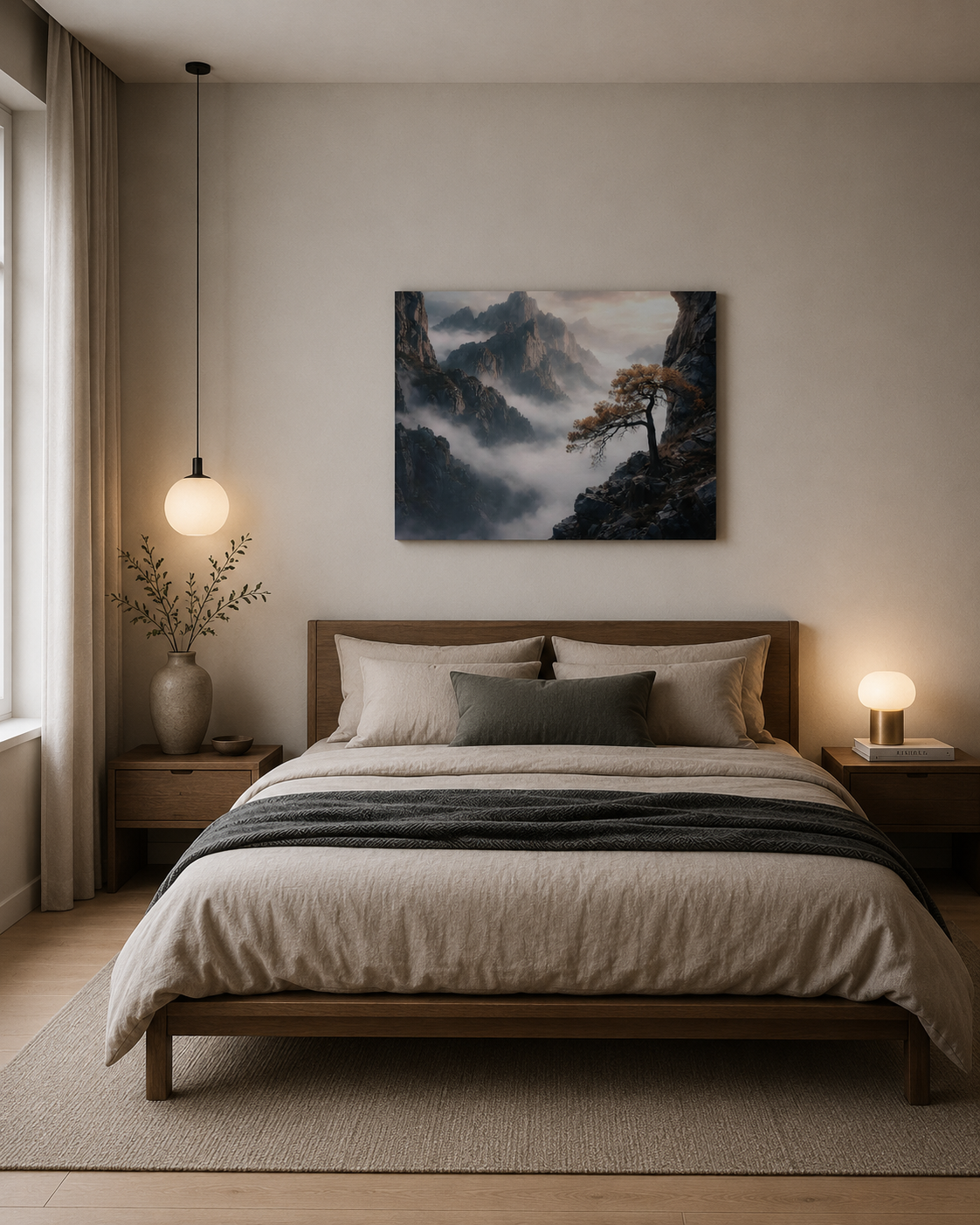 Large mountain landscape canvas print above a minimalist bed in a Scandinavian bedroom
