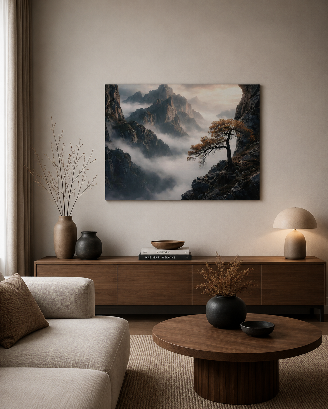 Minimalist mountain canvas wall art above a wooden console in a modern neutral interior