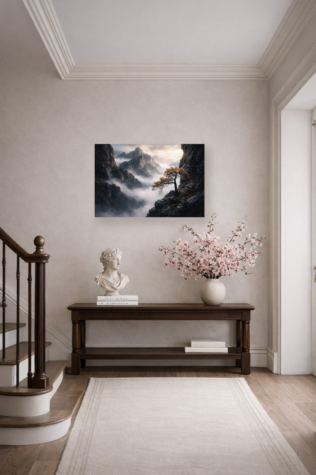 Minimalist mountain poster in a bright Scandinavian entryway with neutral decor