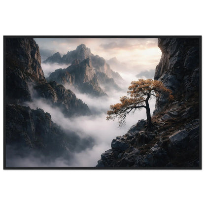 Above The Mist minimalist landscape framed wall art in a black frame, lone tree on a cliff above a mist-filled valley