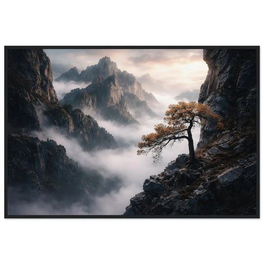 Above The Mist minimalist landscape framed wall art in a black frame, lone tree on a cliff above a mist-filled valley