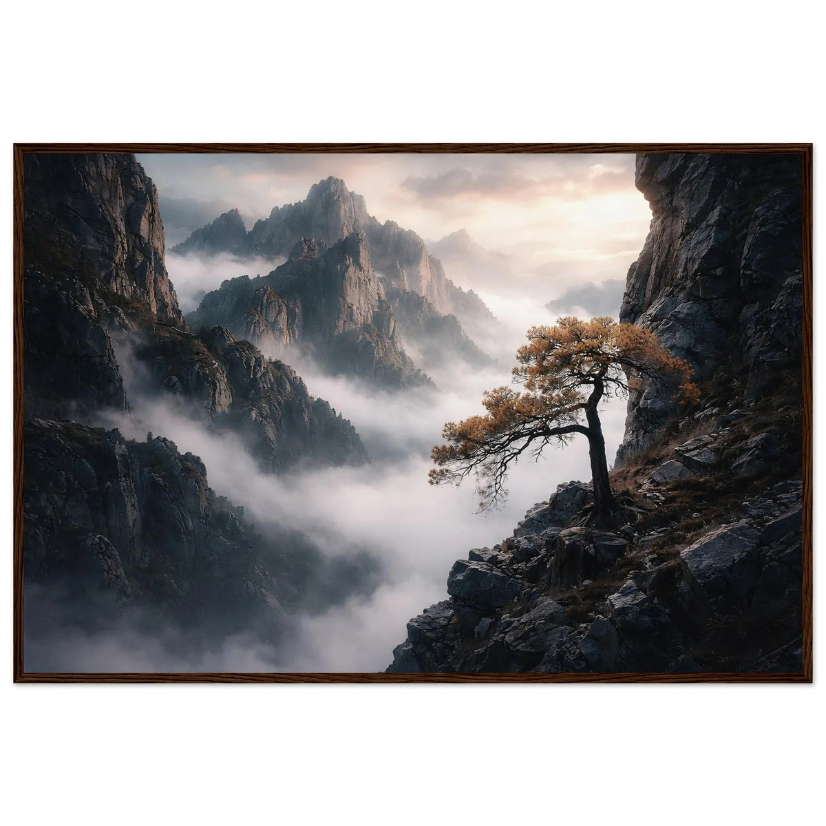 Above The Mist framed print in a light wood frame showing the rocky ledge and the tree