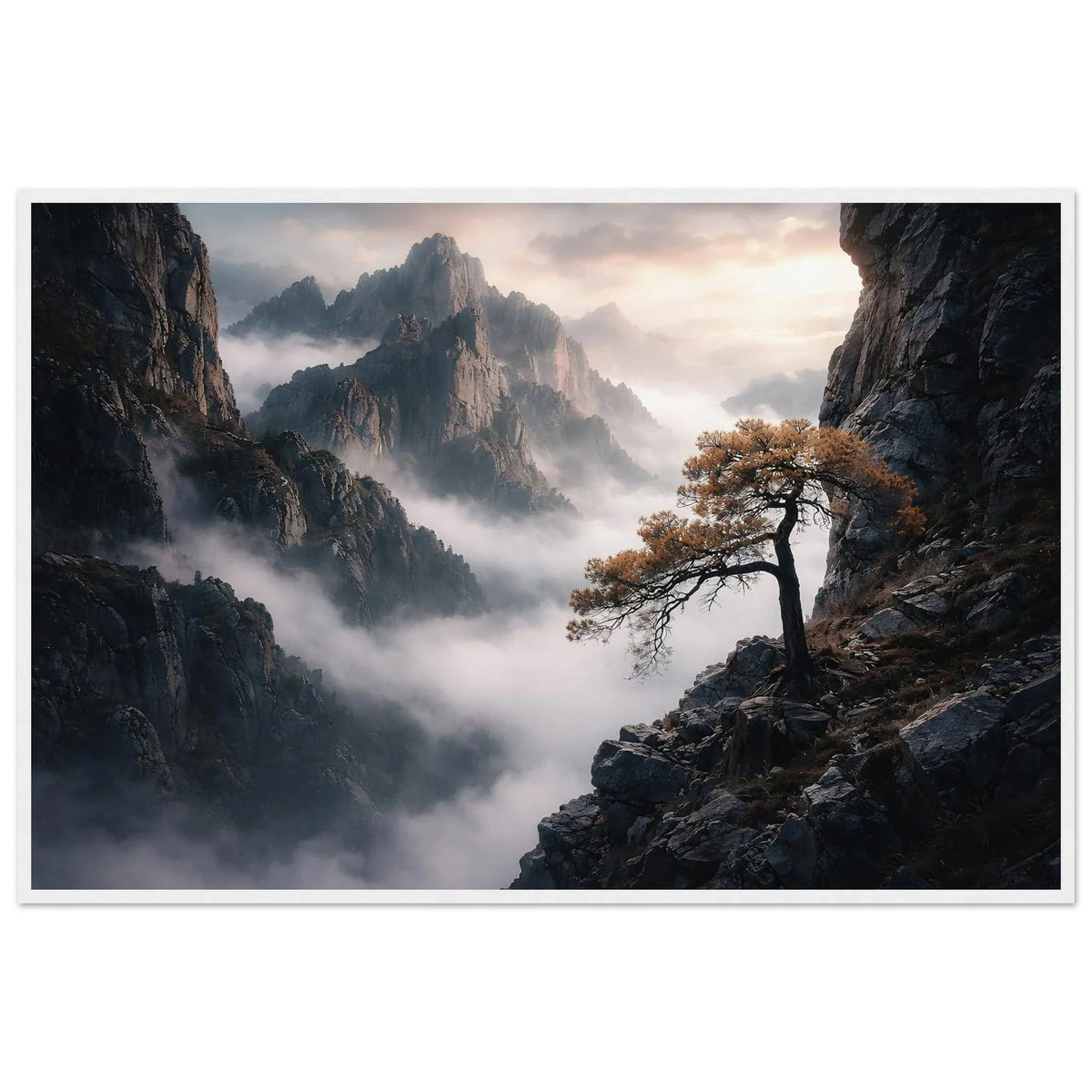 Above The Mist framed print in soft grey, warm earthy and golden tones with pale morning sky