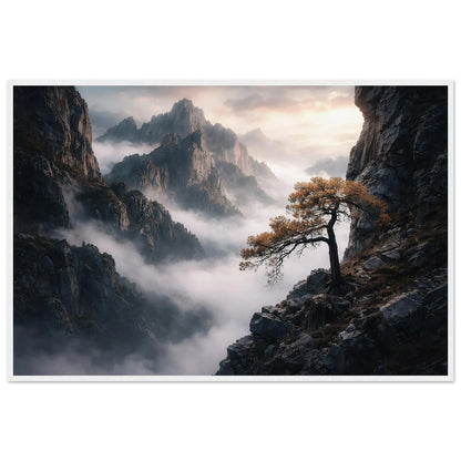 Above The Mist framed print in soft grey, warm earthy and golden tones with pale morning sky