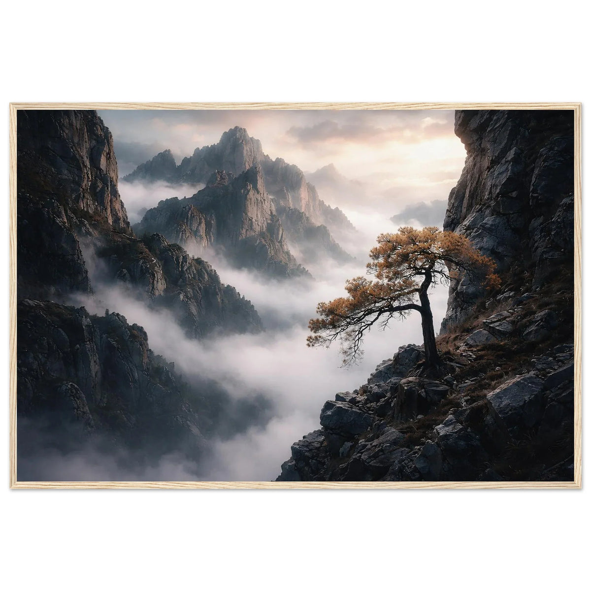 Above The Mist framed print in a white frame with fog rolling between the cliff faces