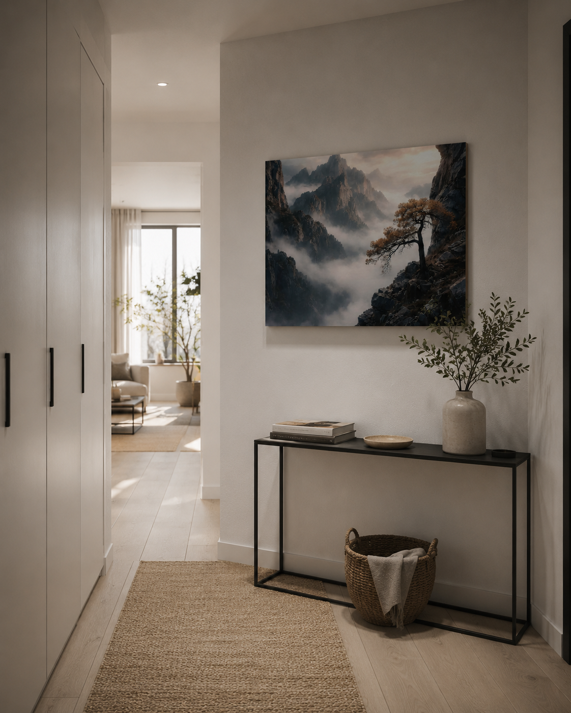 Mountain landscape canvas print in a bright Scandinavian hallway interior