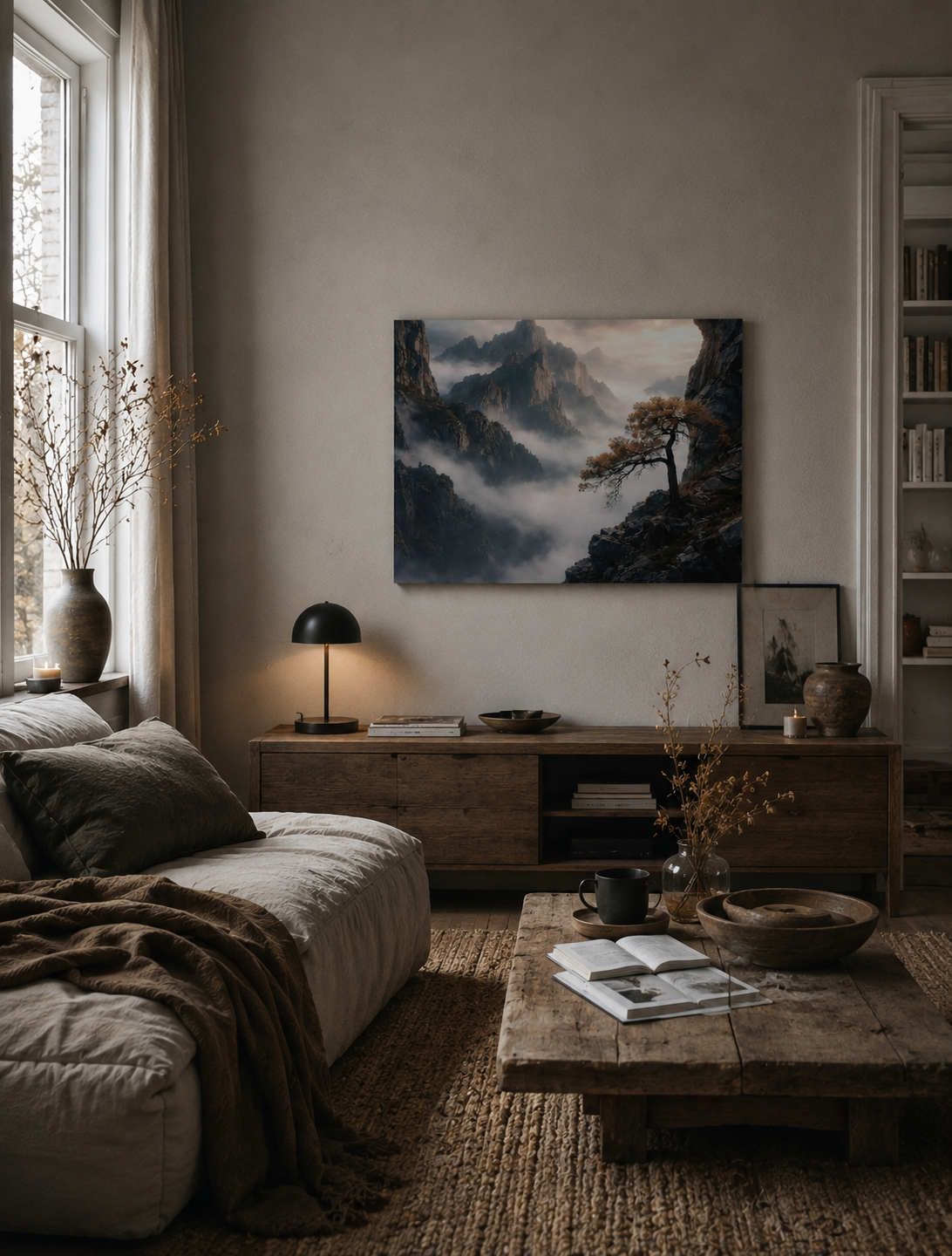 Misty mountain wall art canvas displayed in a warm modern living room with neutral decor