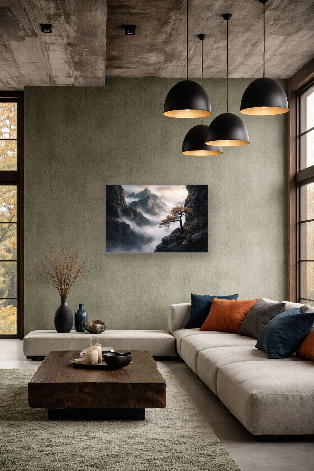 Mountain landscape poster displayed in a modern living room with neutral sofa and textured walls