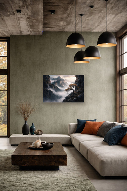 Above The Mist poster in a modern living room with a neutral sofa and textured walls