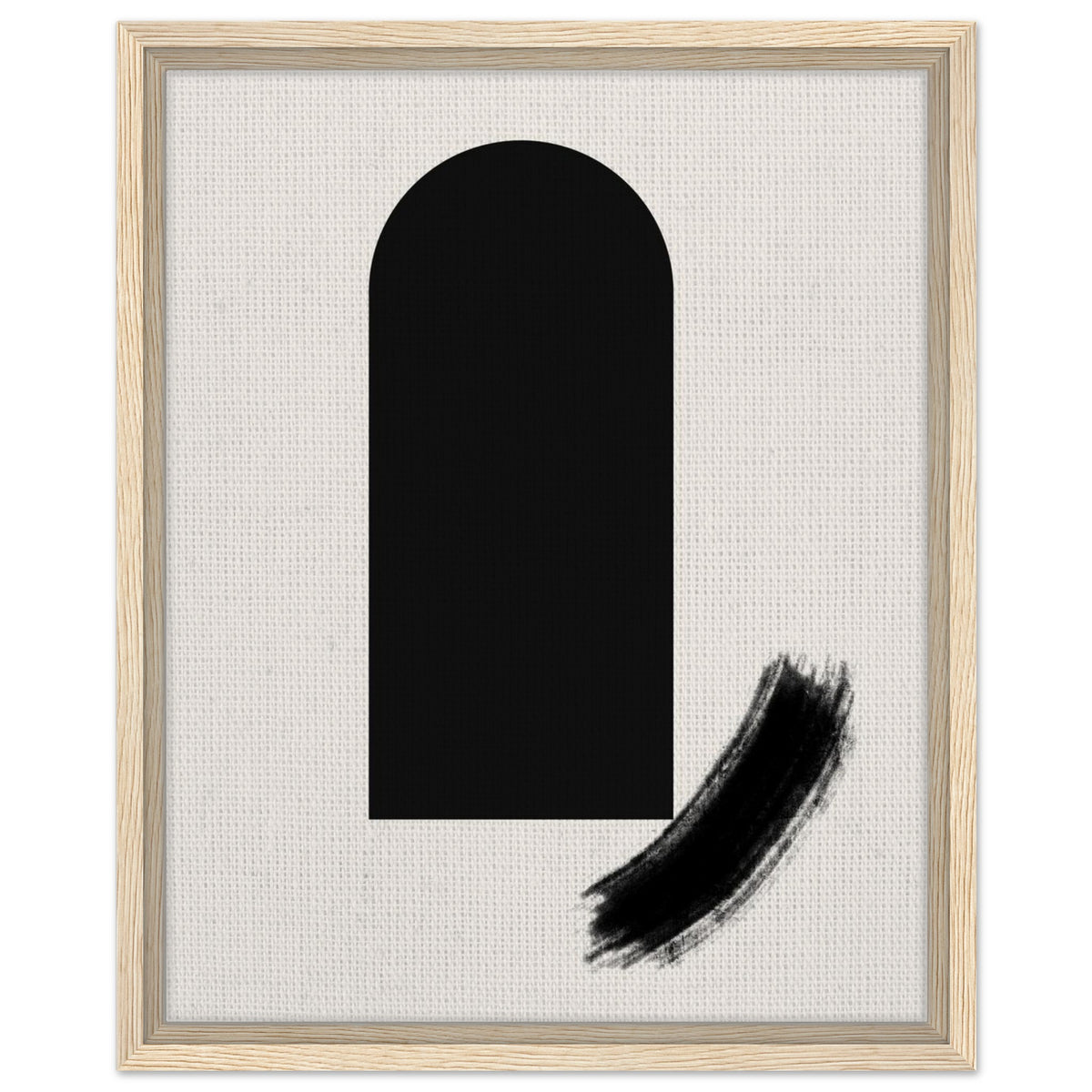 Abstract black arch and gestural brushstroke artwork in a dark wood frame