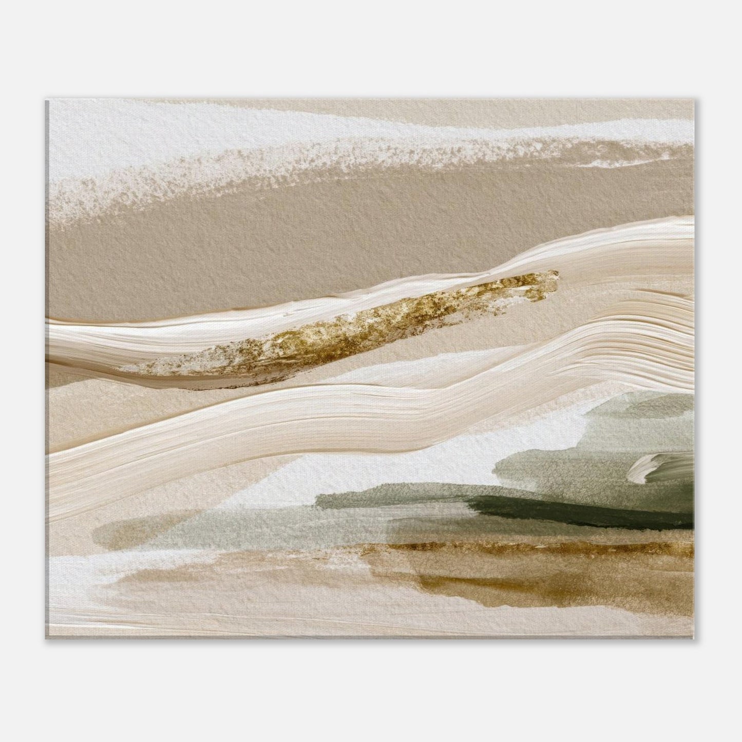 Abstract beige and sage green horizontal canvas wall art with textured brushstrokes.