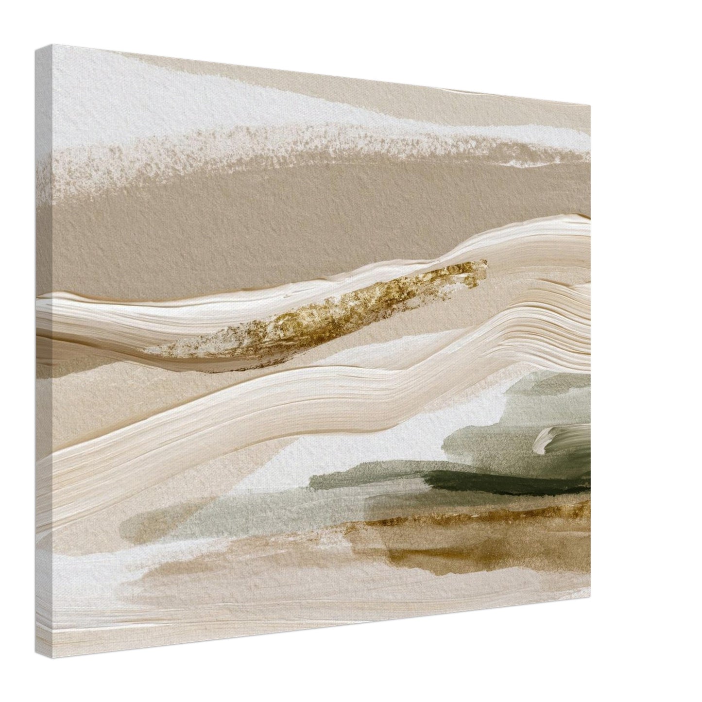 Side view of a 4 cm thick gallery wrapped canvas featuring abstract beige and sage green landscape artwork.