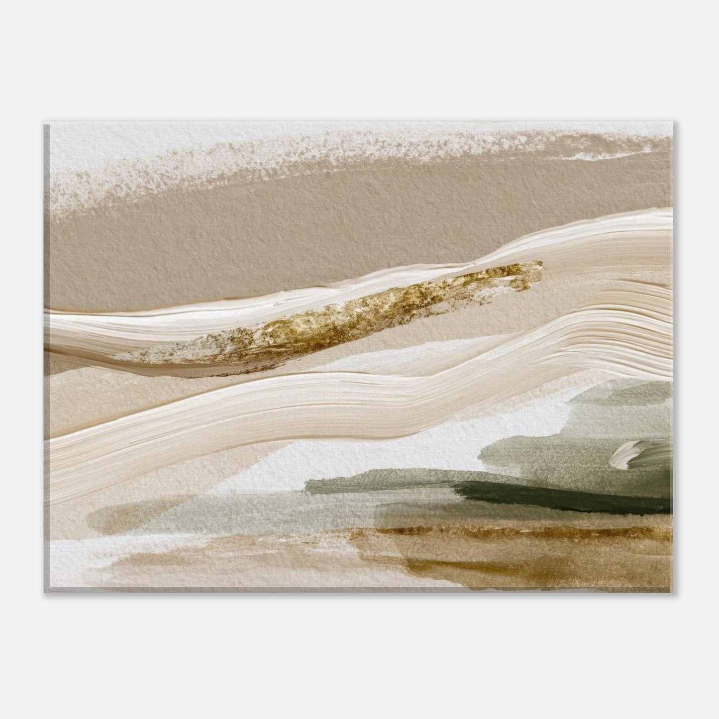 Abstract beige and sage green landscape square canvas wall art with textured brushstrokes.