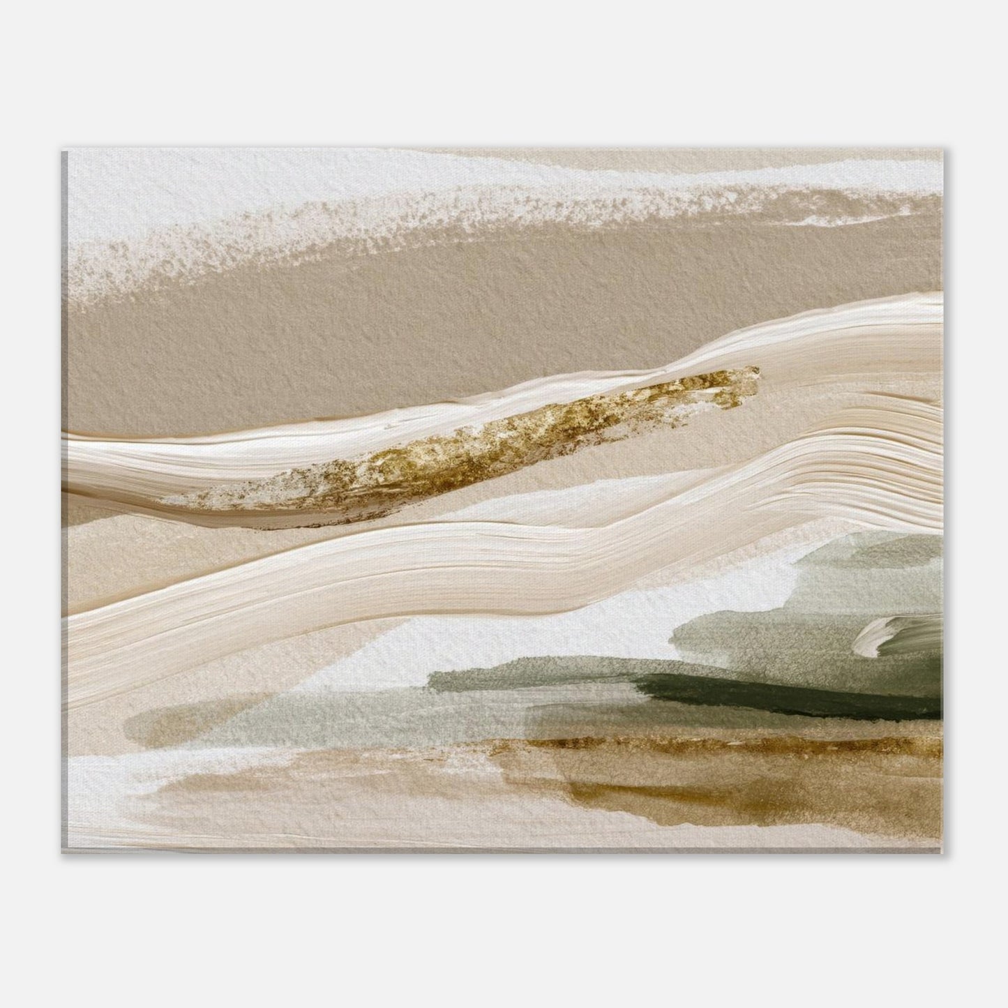 Abstract beige and sage green vertical canvas wall art with textured brushstrokes.
