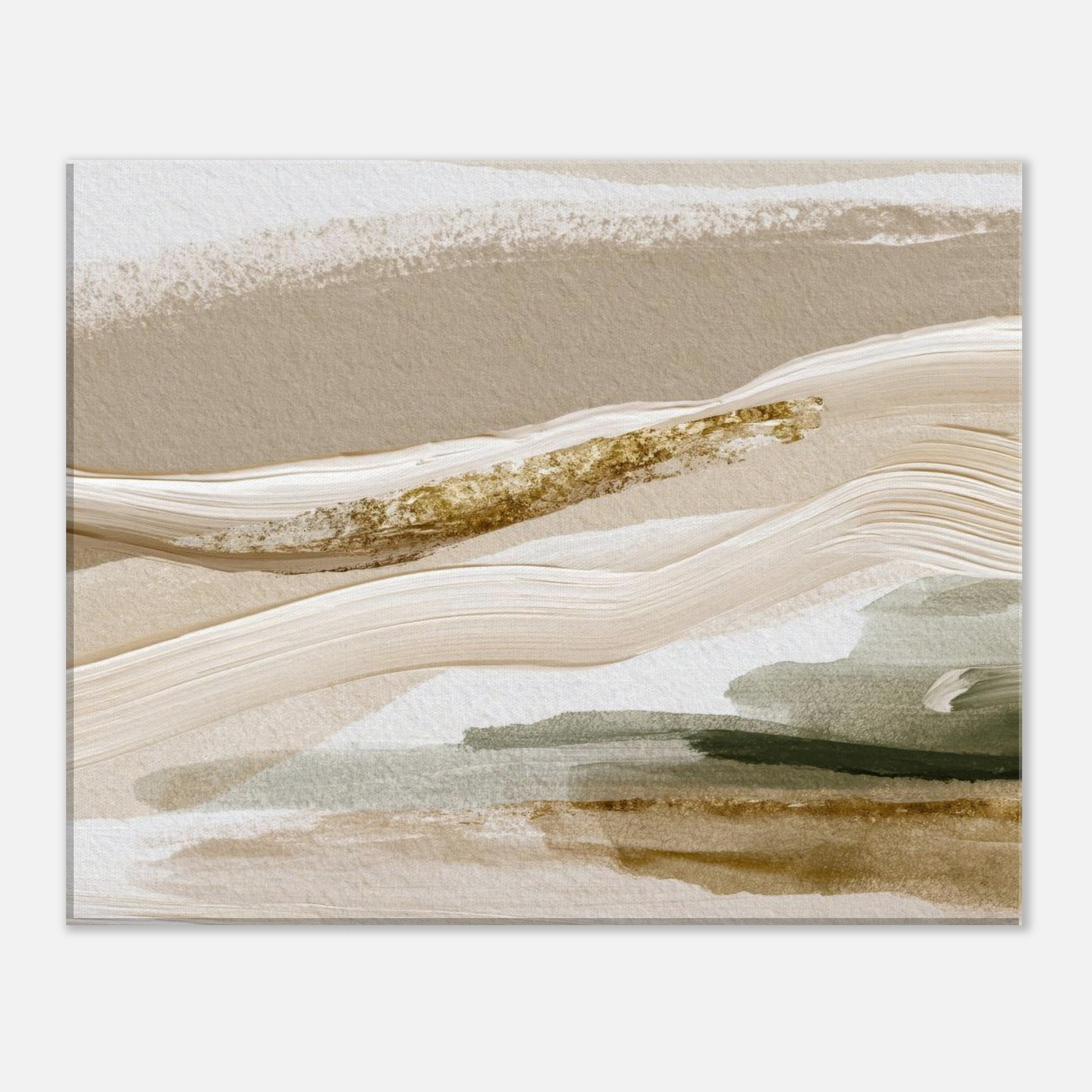 Abstract beige and sage green vertical canvas wall art with textured brushstrokes.