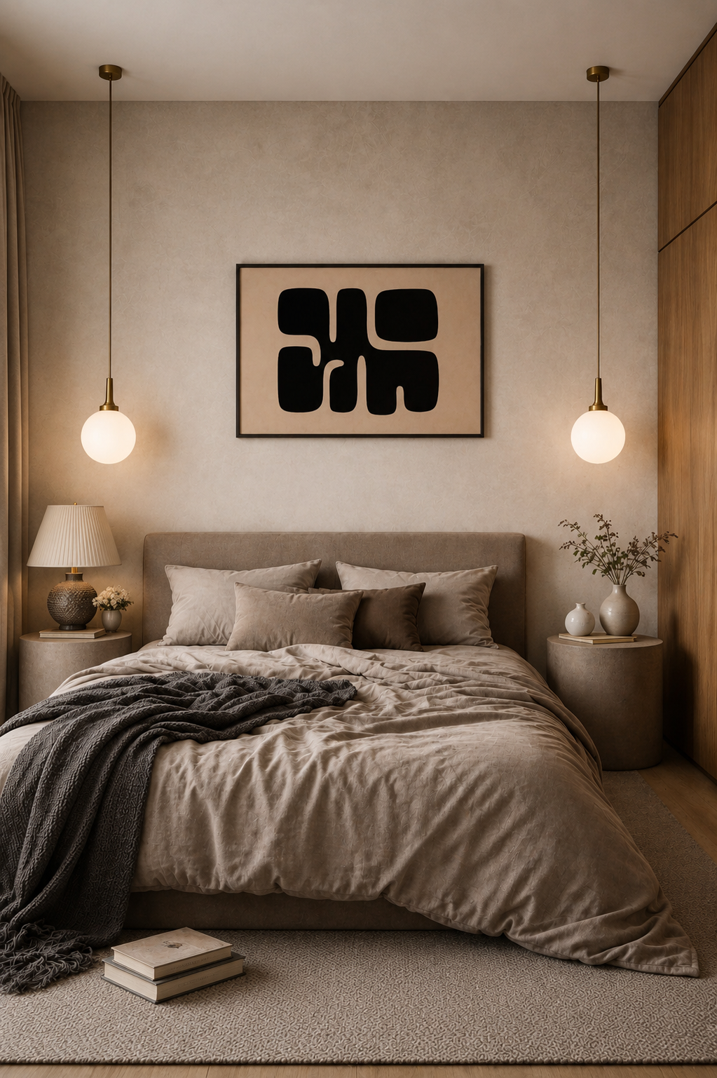 Black abstract wall art poster with dark wood frame styled above a cozy beige bed with pendant lights in a modern neutral bedroom.
