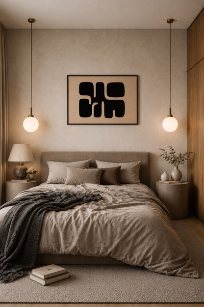 Black abstract wall art poster with dark wood frame styled above a cozy beige bed with pendant lights in a modern neutral bedroom.