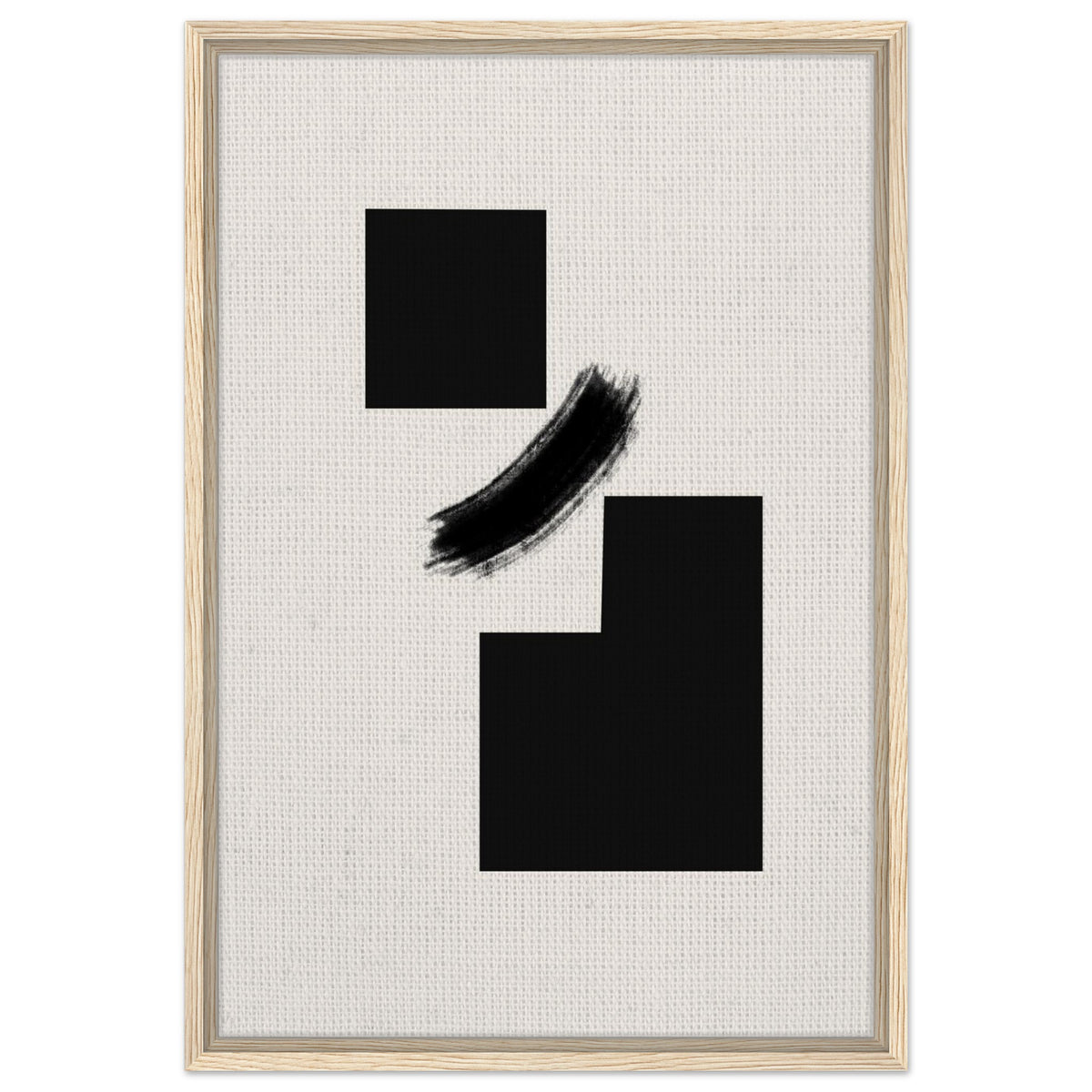 Abstract black blocks and curved brushstroke artwork in a dark wood frame