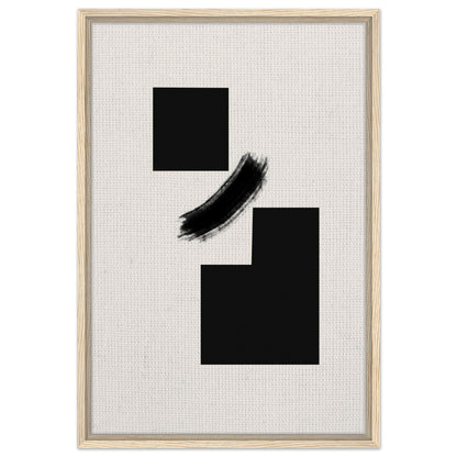 Abstract black blocks and curved brushstroke artwork in a dark wood frame