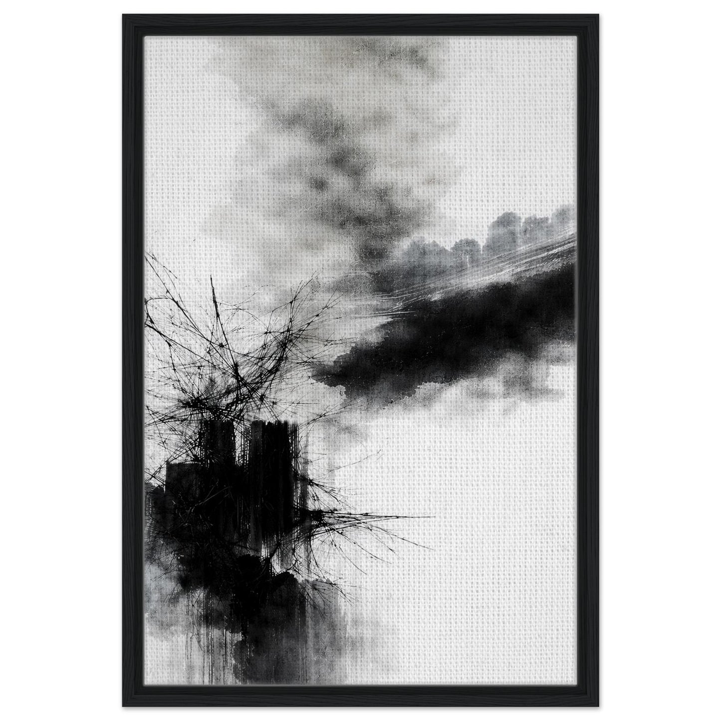 Abstract brushstroke artwork with dynamic black marks and soft grey textures
