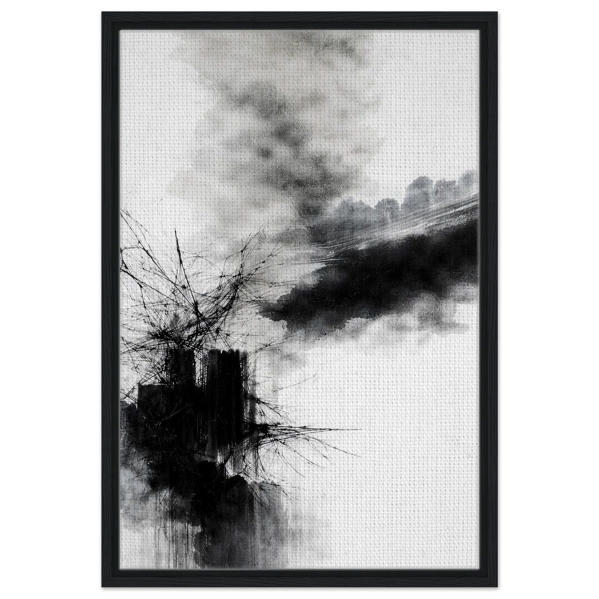 Abstract brushstroke artwork with dynamic black marks and soft grey textures