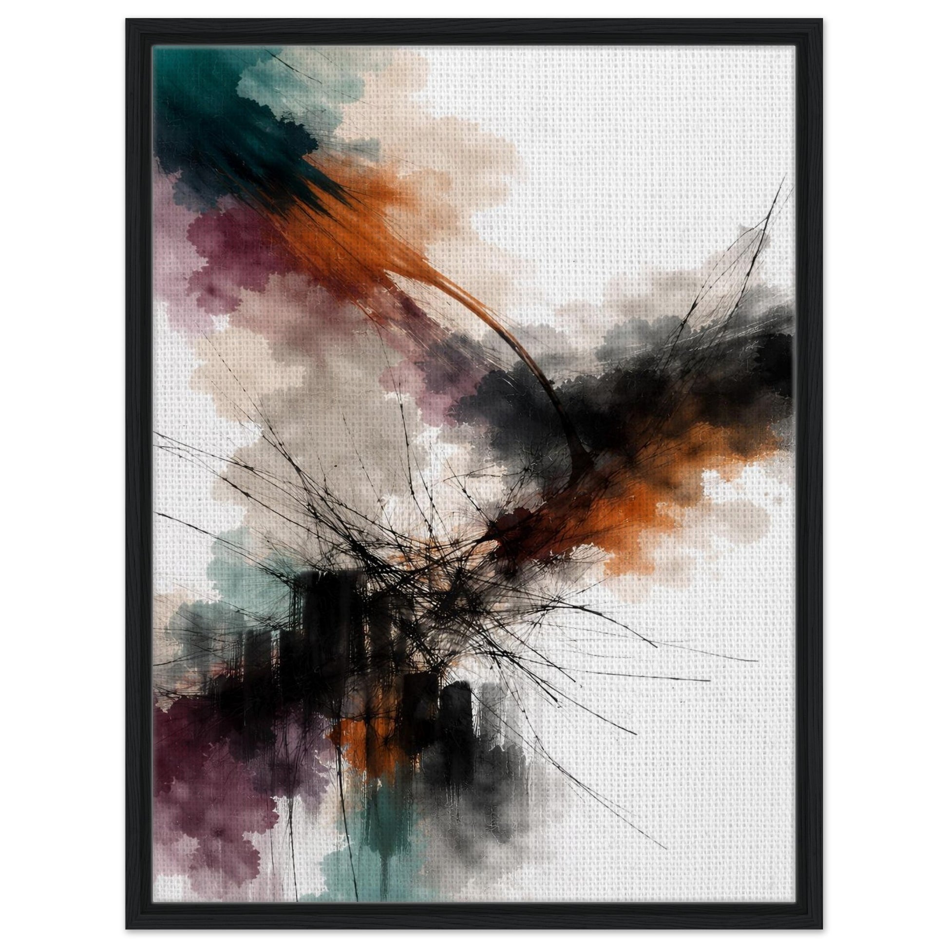 Teal orange and burgundy abstract canvas wall art in a black floating frame
