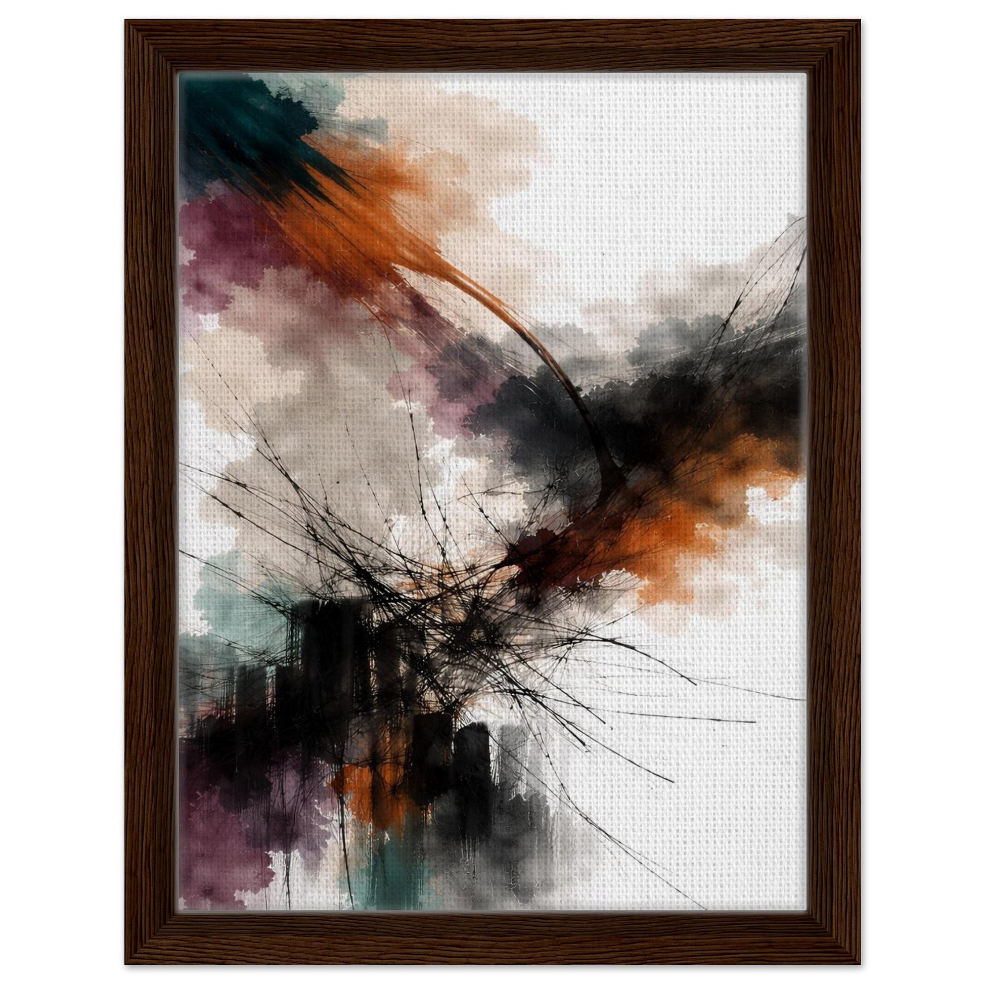 Modern colorful abstract canvas in a dark brown floating frame