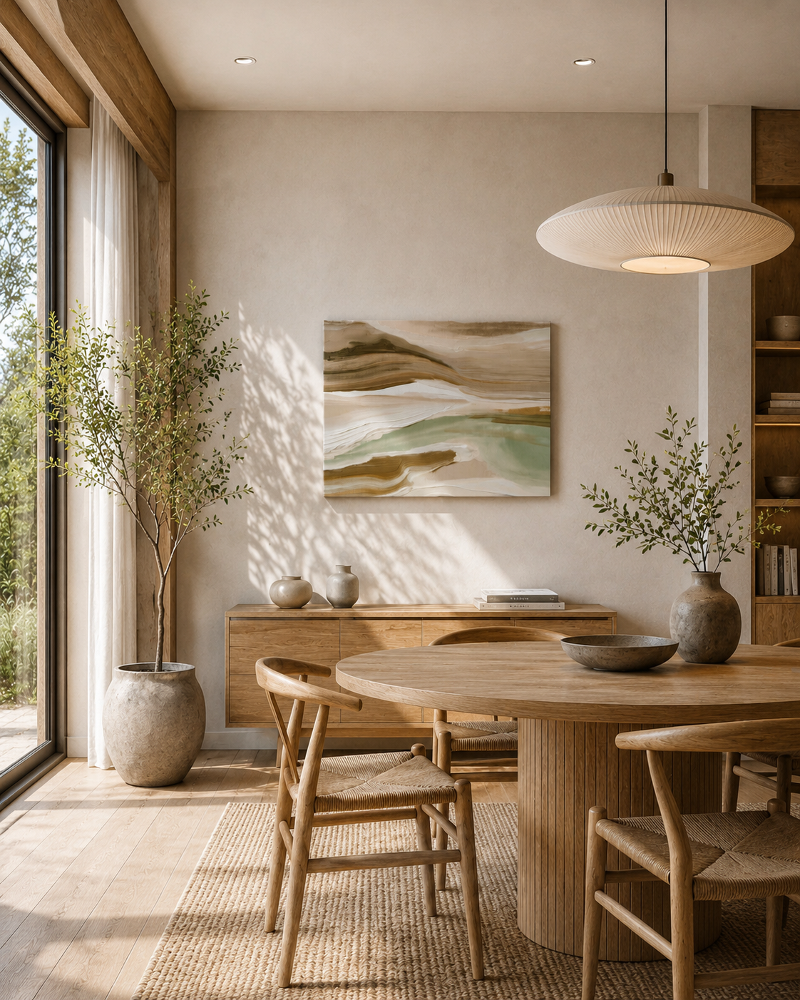 Minimalist abstract canvas wall art decorating a bright Scandinavian dining room.
