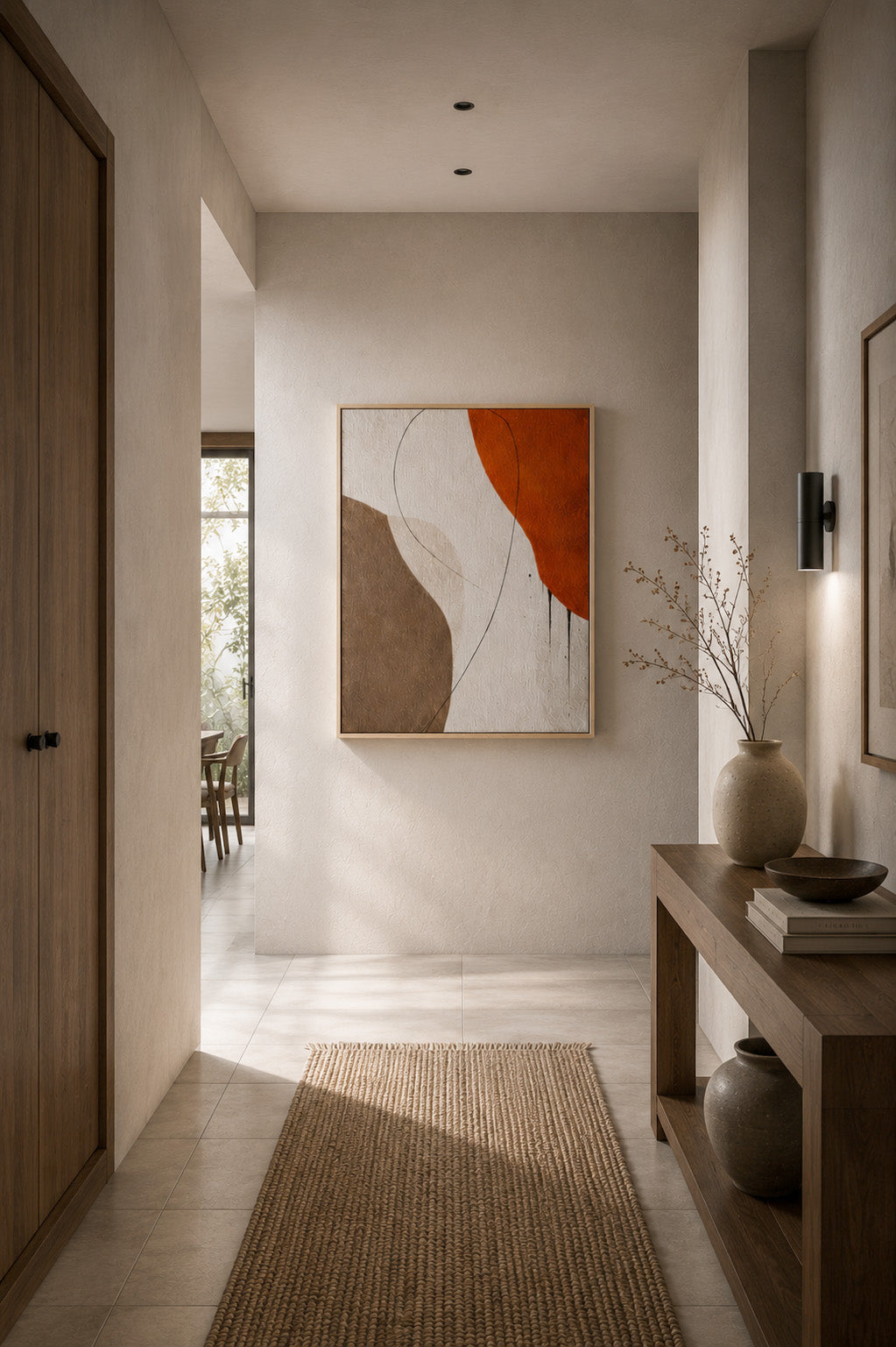 Neutral abstract canvas wall art with orange and brown accents in a minimalist hallway