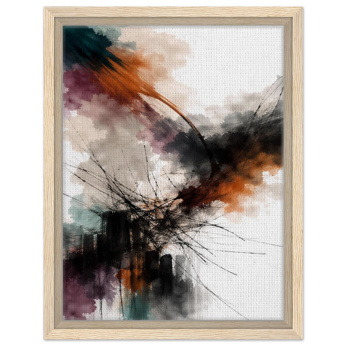 Colorful abstract canvas artwork in a light natural wood floating frame