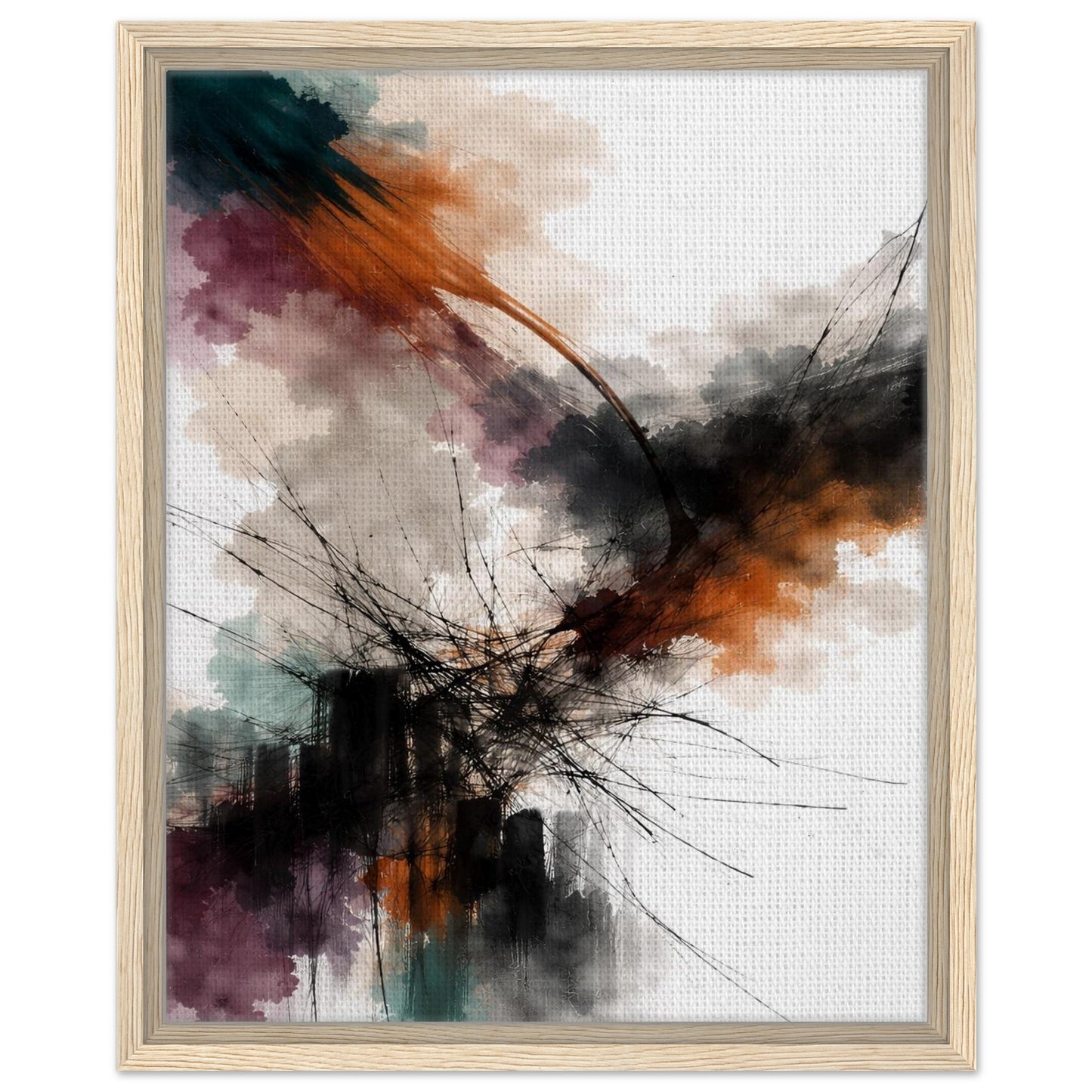Modern abstract canvas art in a natural wood floating frame