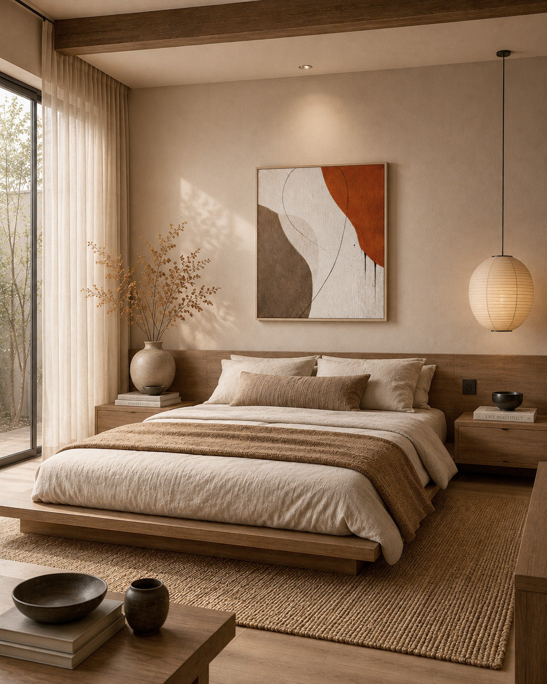 Abstract framed canvas wall art above a bed in a warm minimalist bedroom