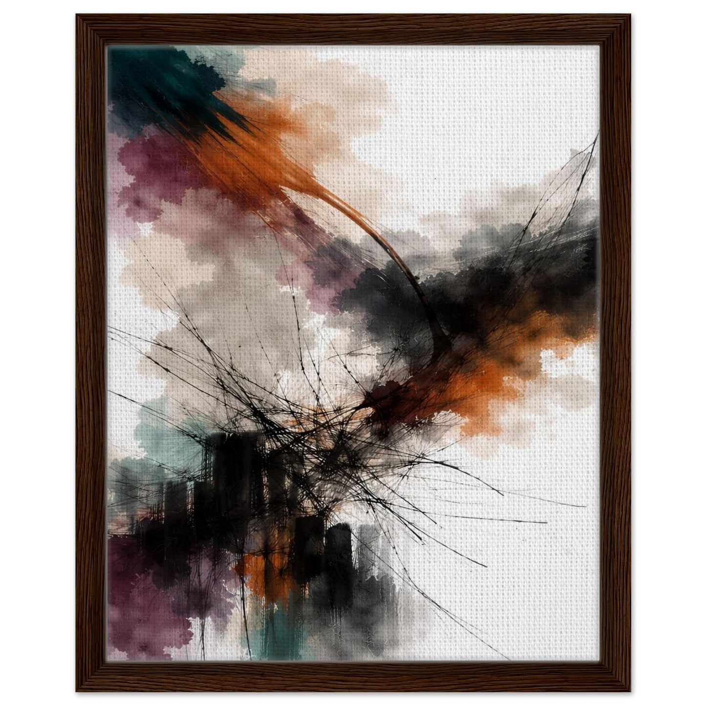 Contemporary abstract canvas artwork in a walnut floating frame