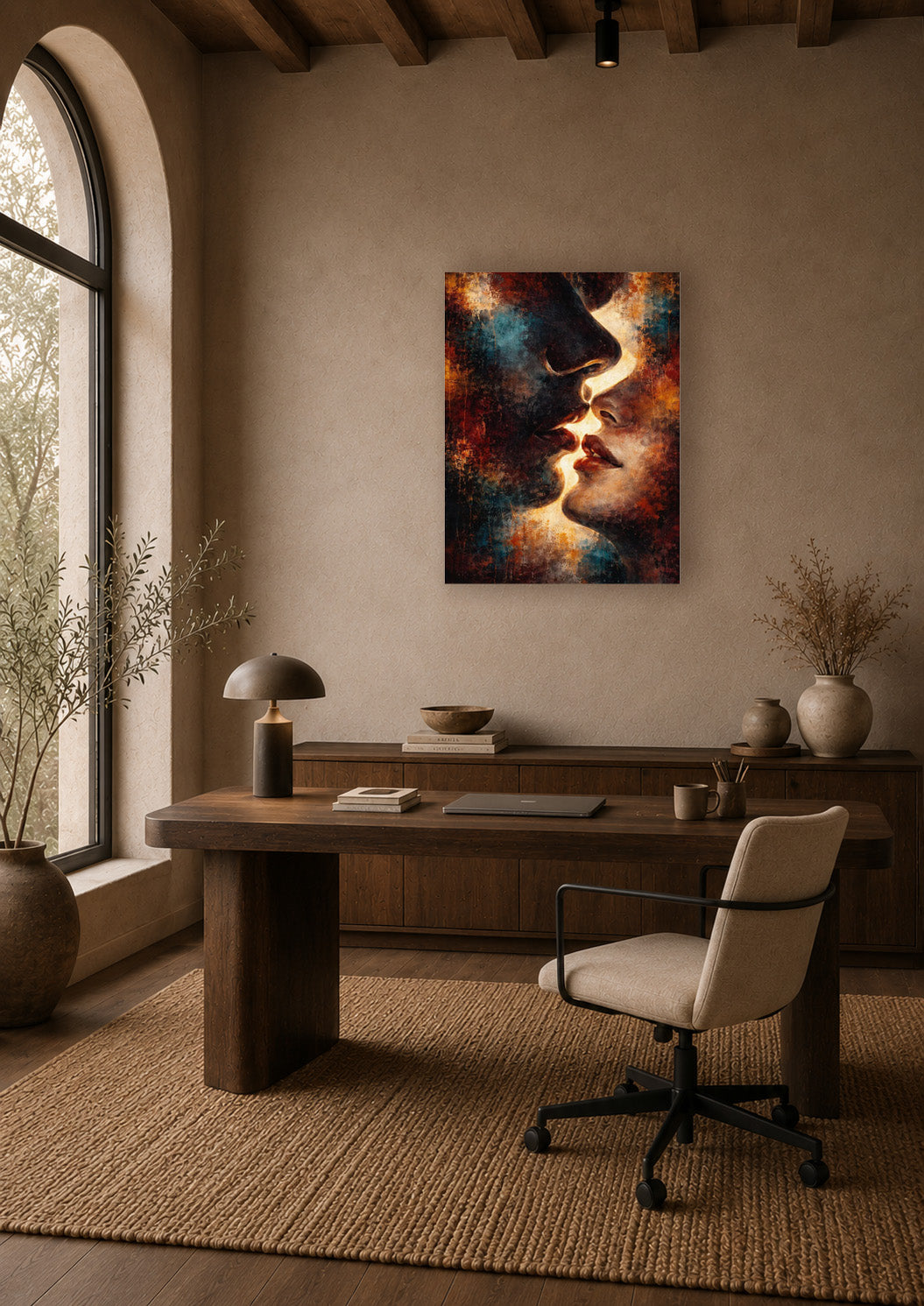 Abstract cosmic energy poster displayed above a wooden desk in a warm modern home office with arched window, natural textures and neutral decor.